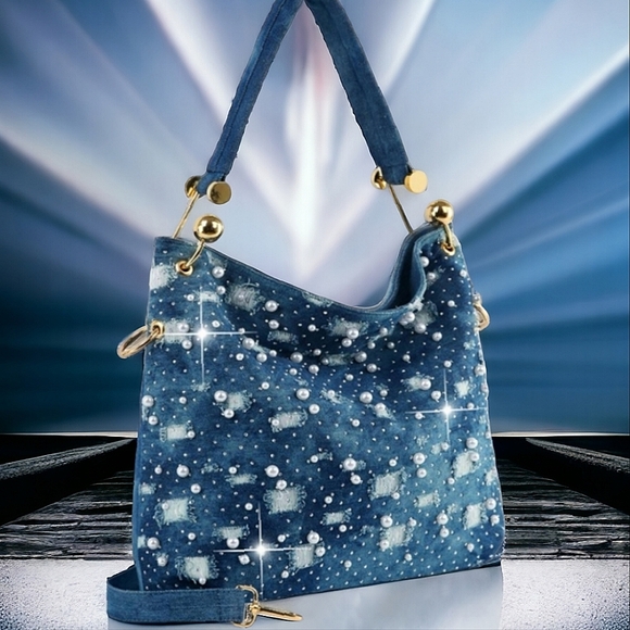 None Handbags - Distressed Blue Denim and Pearls Rhinestone Shoulder Hobo Handbag Purse